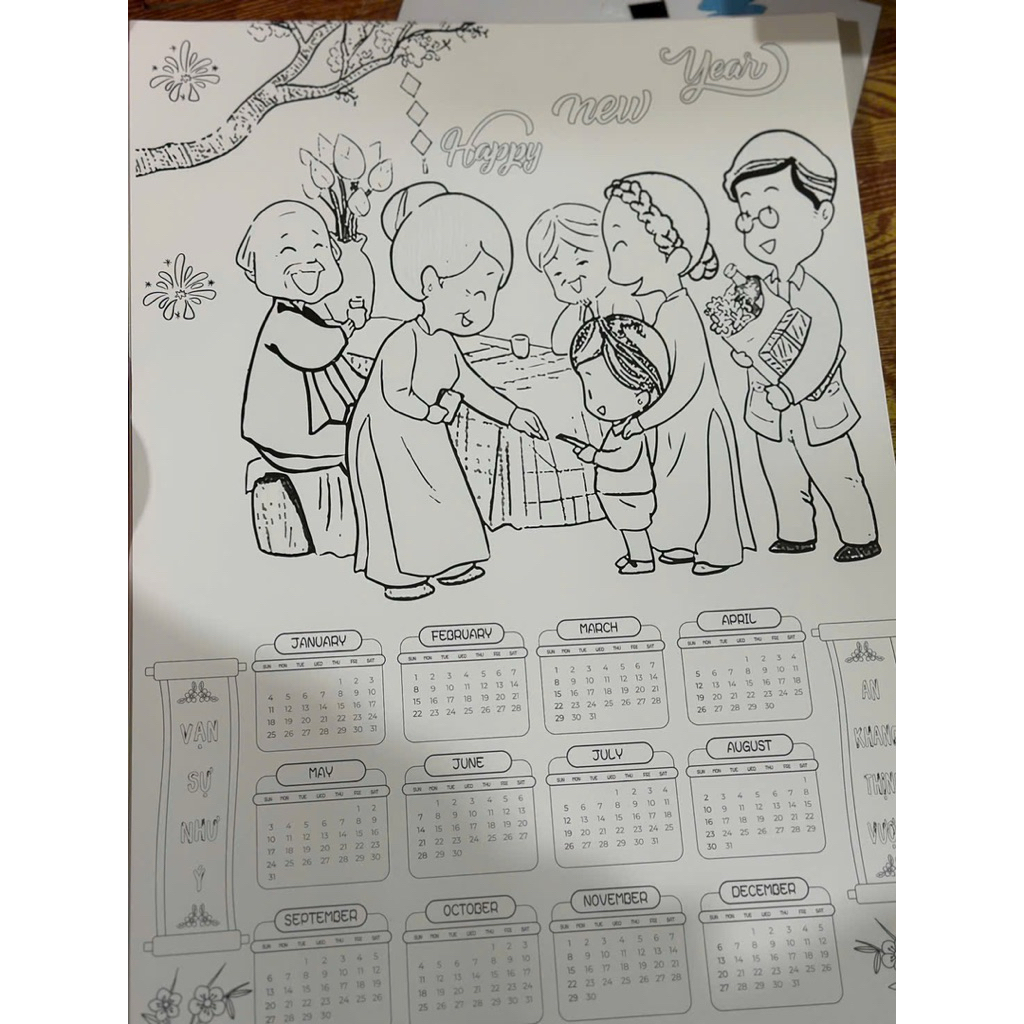 Lịch tô màu tết 2026 giấy bìa cứng