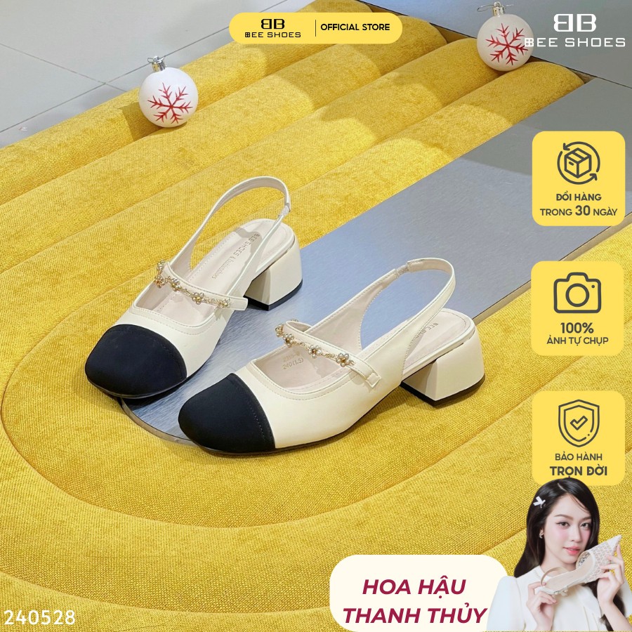 Giày mary jane nữ BEE SHOES mũi vuông quai hoa gót 5cm - 240528 (form 1.5)