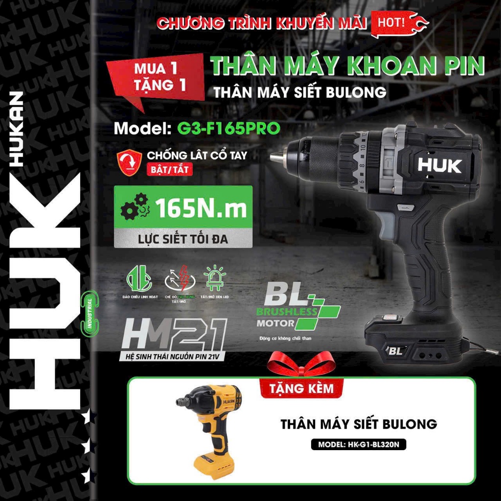 Máy Khoan Pin 13mm Hukan HUK F165 Pro Tặng Thân Bulong Hukan Lực Siết 165N Anti Kickback, Tạo Xung ,