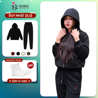  Bộ quần áo nữ GUNO hoodie nỉ lót lông nhung logo thêu kèm quần bo ống thời trang SP5 25BG207 