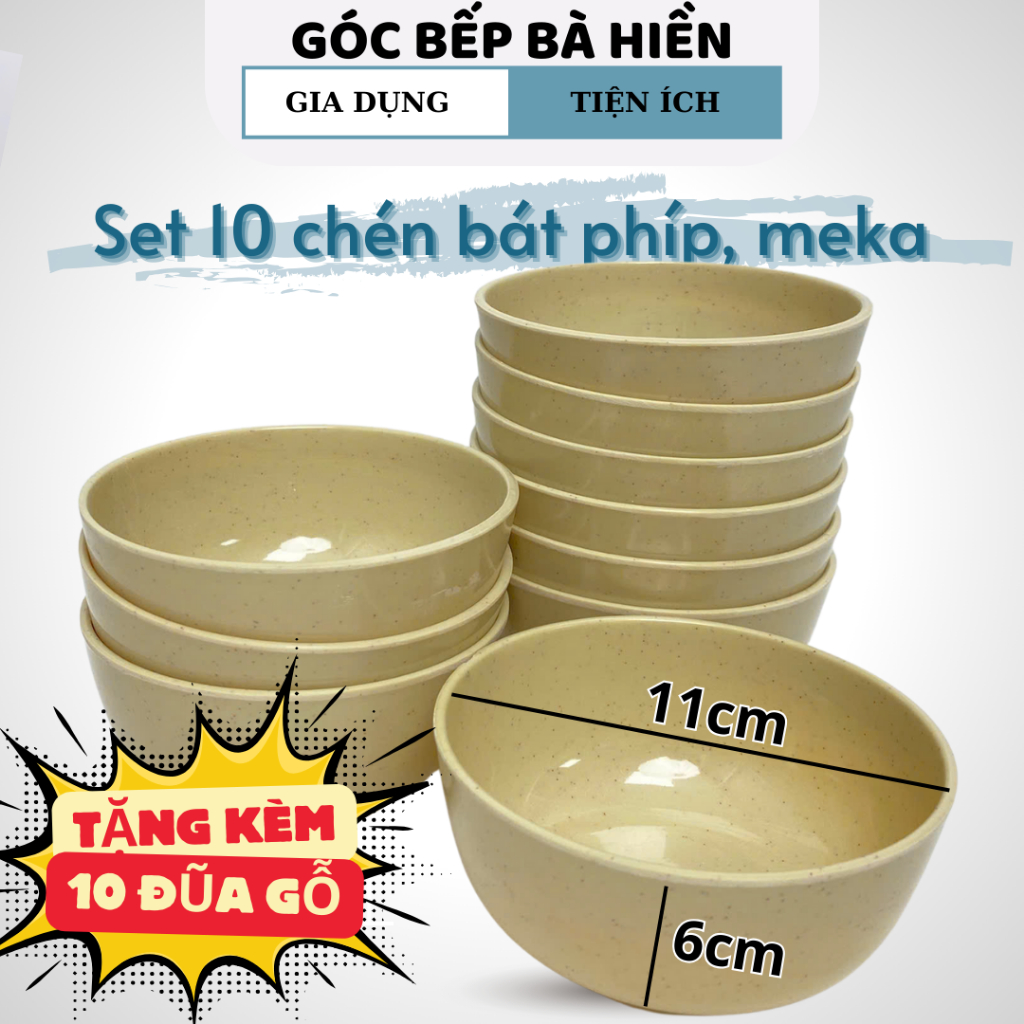 [Tặng kèm 10 đôi đũa] Set 10 chén ăn cơm phíp, nhựa meka, bát ăn cơm, bát súp