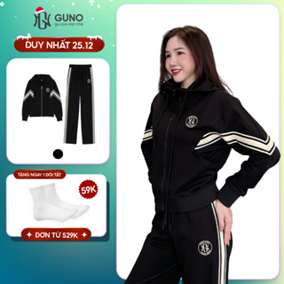  Bộ quần áo thu đông nỉ nữ umi GUNOMATE kéo khóa có mũ kèm quần suông phối viền nổi 25BG146 
