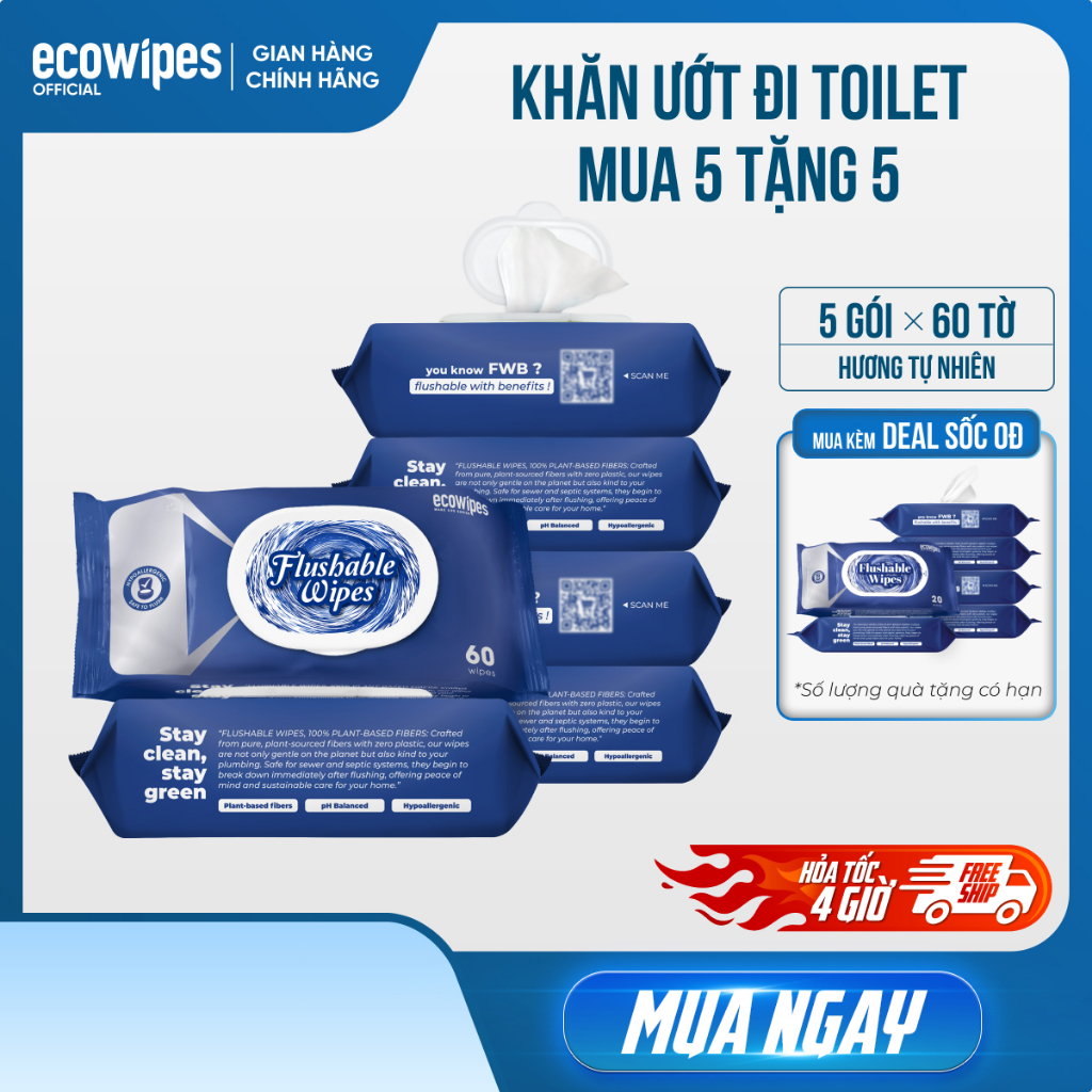 MUA 5 TẶNG 5_Khăn ướt đi toilet xả trong bồn cầu Flushable EcoWipes (5 gói 60 tờ + 5 gói 20 tờ)