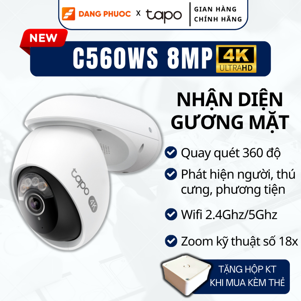 Camera Wi-Fi Ngoài Trời TP-Link Tapo C560WS 4K Quay Quét 360 Độ, Nhận Diện Khuôn Mặt, Màu Ban Đêm