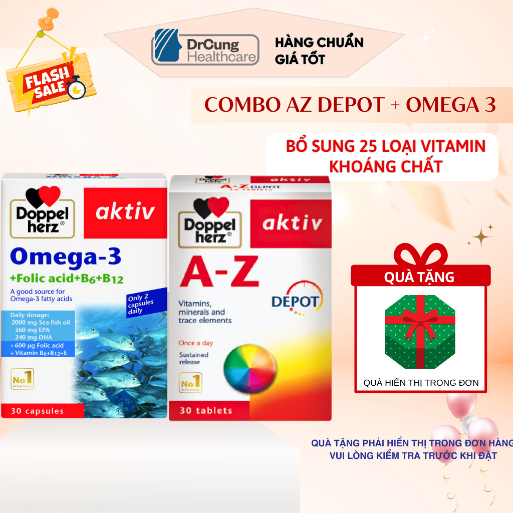 COMBO 2 HỘP AZ Depot, Omega 3 DoppelHerz - Bổ Sung Vitamin, Tăng Sức Đề Kháng, Tăng Cường Thị Lực Dr