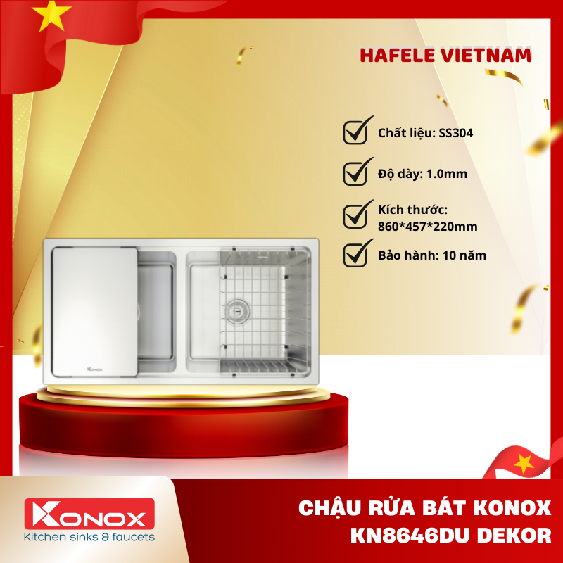 Chậu Rửa Bát Konox KN8646DU Dekor – Inox SS304 Cao Cấp, Lòng Chậu Sâu Hạn Chế Bắn Nước – FEM
