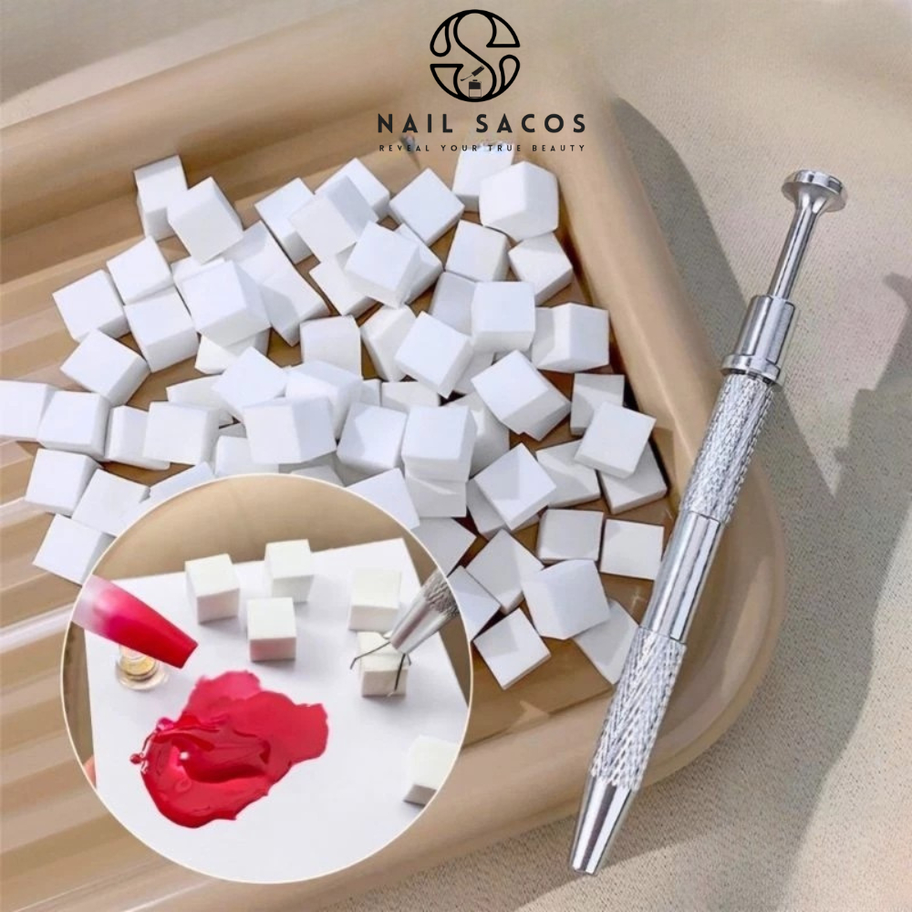 Bút kẹp, Mút dặm, Bột ombre - Set 100 bông mút dặm ombre vuông, cây cố định ombre trang trí móng nai