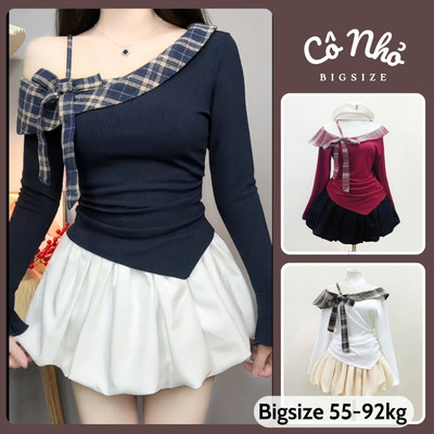 Set Áo Váy Tiểu Thư Bigsize Áo Trễ Vai Buộc Nơ Tay Dài  Phối Chân Váy Bí Xoè Dễ Thương A333+CV413