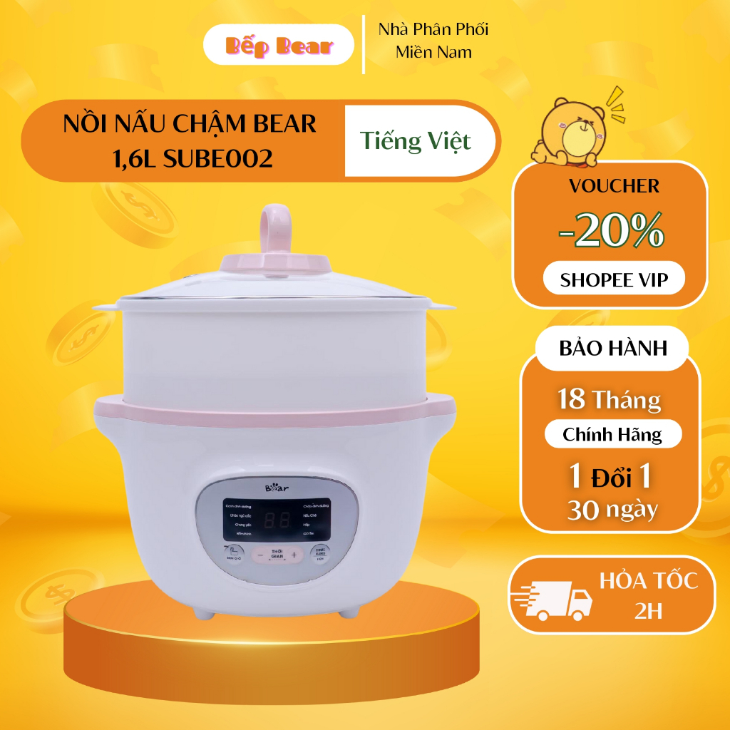 Nồi Nấu Cháo Chậm Cho Bé Ăn Dặm 1,6L Bear, Nồi Nấu Chậm Bear 1.6L Bản Tiếng Việt, Bảo Hành 18 Tháng