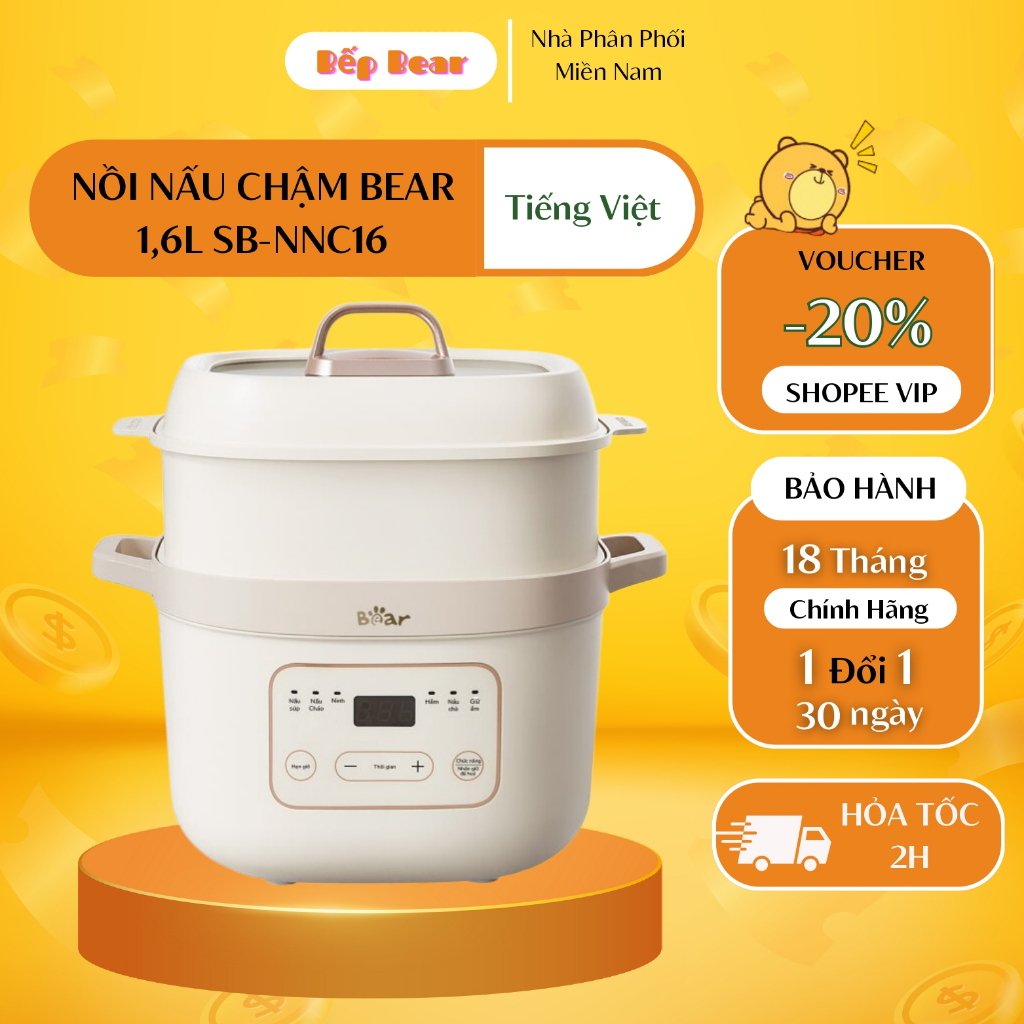 Nồi Nấu Chậm Bear 1,6L Đa Năng 6 Chế Độ Ninh Nấu Hầm Hấp Giữ Trọn Chất Dinh Dưỡng - SB-NNC16 - Bản Tiếng Việt BH 18 TH