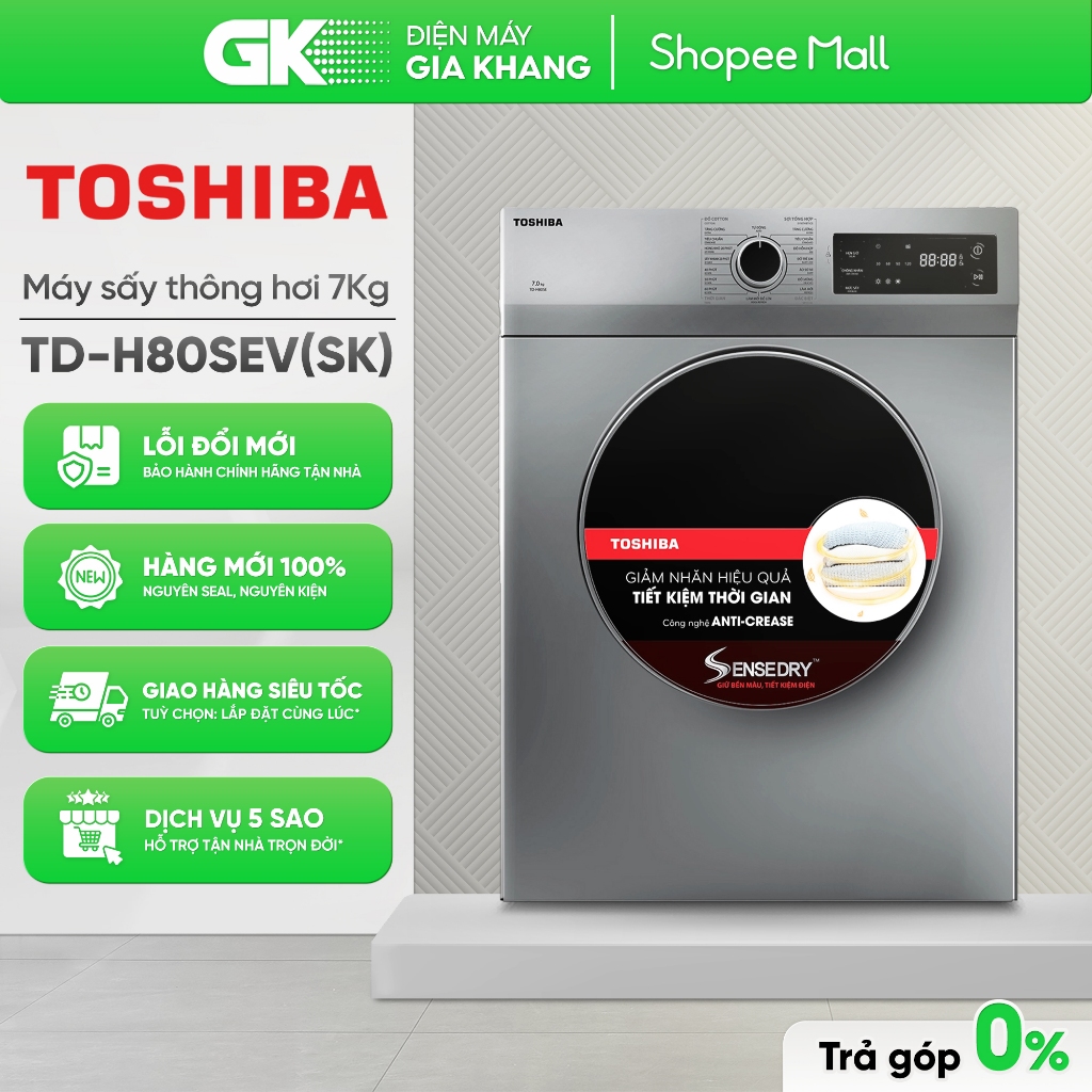 [Shopee - Lắp đặt 0Đ HN HCM] TD-H80SEV(SK) | TD-H80SEV(WK) - Máy Sấy Thông Hơi 7 Kg Toshiba TD-H80SE