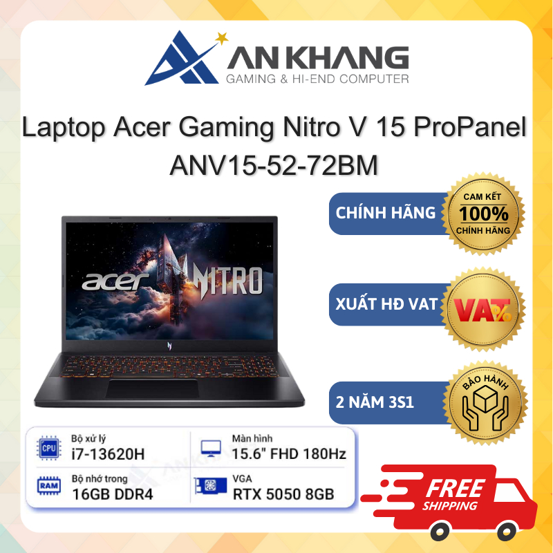 Laptop Acer Gaming Nitro V 15 ProPanel ANV15-52-72BM (i7-13620H; 16GB; 512GB SSD; RTX5050; 15.6" FHD