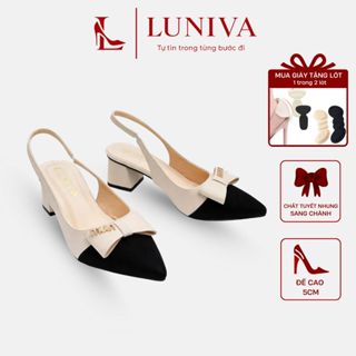  Giày cao gót nữ mũi nhọn LUNIVA đính nơ đế vuông cao 5cm chất tuyết nhung sang chảnh form ôm chân A16 