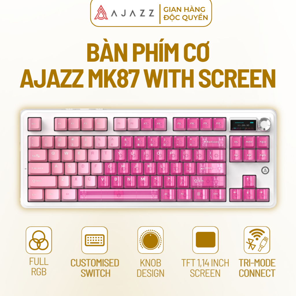 Bàn Phím Cơ Gaming Ajazz MK87 With Screen, 3 Mode Kết Nối, Mạch Xuôi Led RGB, Núm Xoay Điều Khiển
