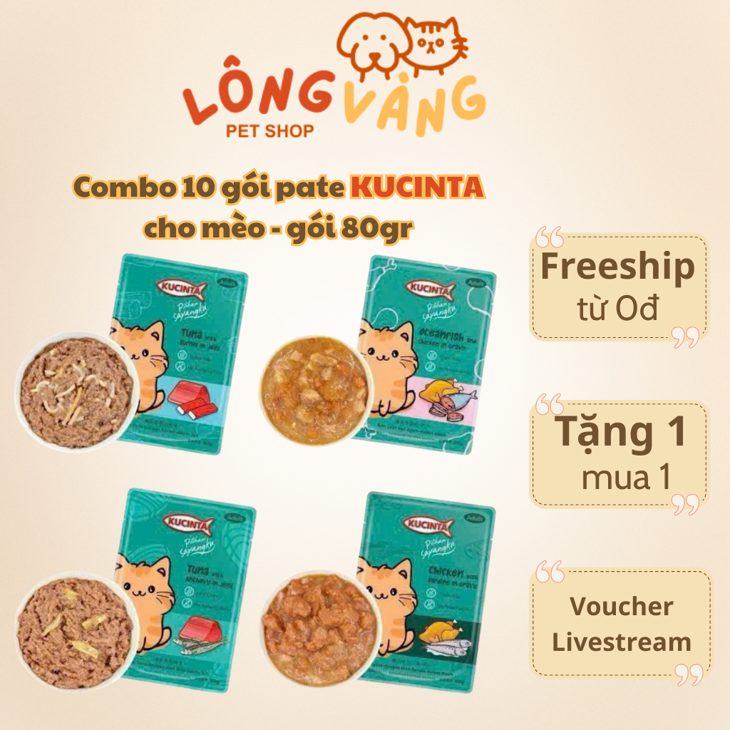 [Combo 10 gói] Pate KUCINTA cho mèo, thịt cá thật từ Malaysia, pate kucinta gói 80gr - Lông Vàng Pet