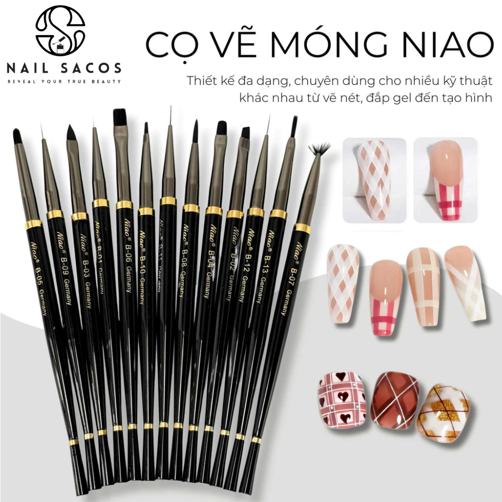 Cọ vẽ móng nail NIAO chính hãng, Bộ cọ Niao Germany cán đen lông mướt vẽ trang trí hoa cúc, đắp bột 
