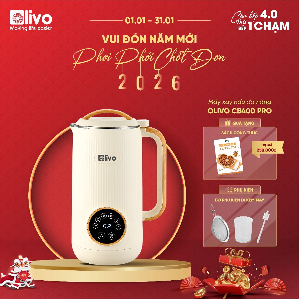  Máy Làm Sữa Hạt Mini OLIVO CB400 PRO 600ml – Máy Xay Nấu Đa Năng – Nắp Inox 304 – Lưỡi Dao 10 Cánh 