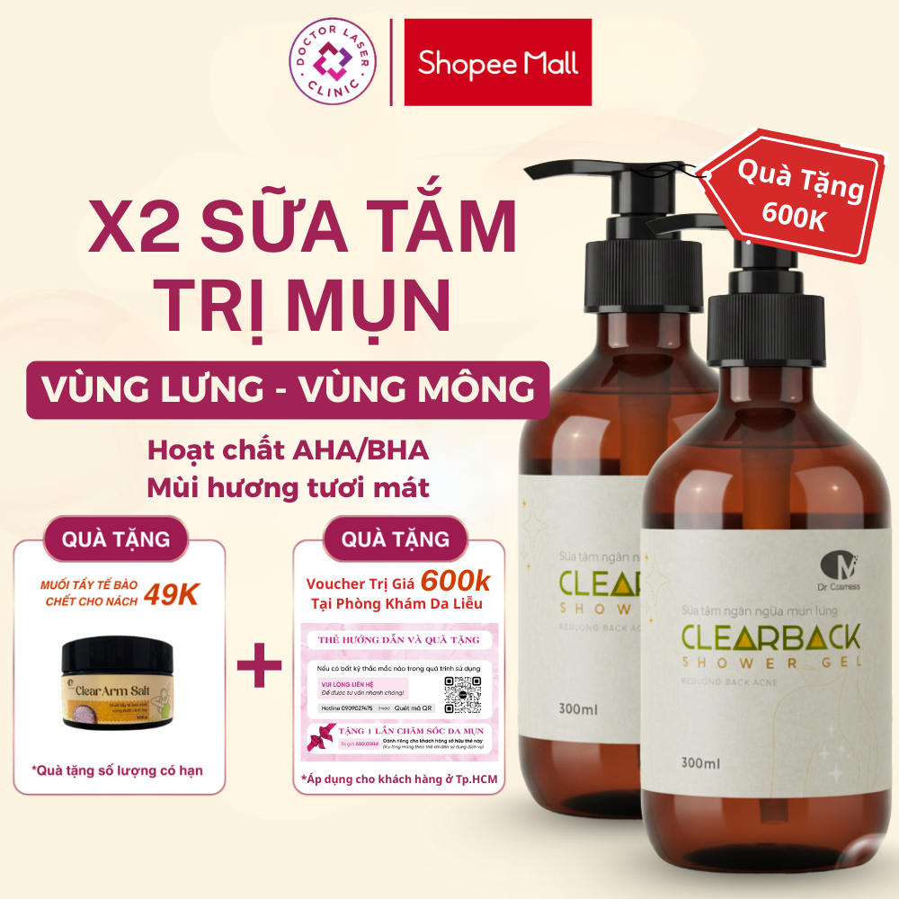 Combo 2 Sữa Tắm Mụn Lưng ClearBack Shower Gel  – Giúp Làm Giảm Mụn Mông, Mụn Viêm, Tẩy Tế Bào Chết -
