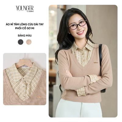 Áo nỉ nữ YOUNGER BY CARDINA chất liệu nỉ tăm lông cừu dài tay phối cổ sơ mi thô kẻ 5YANF04