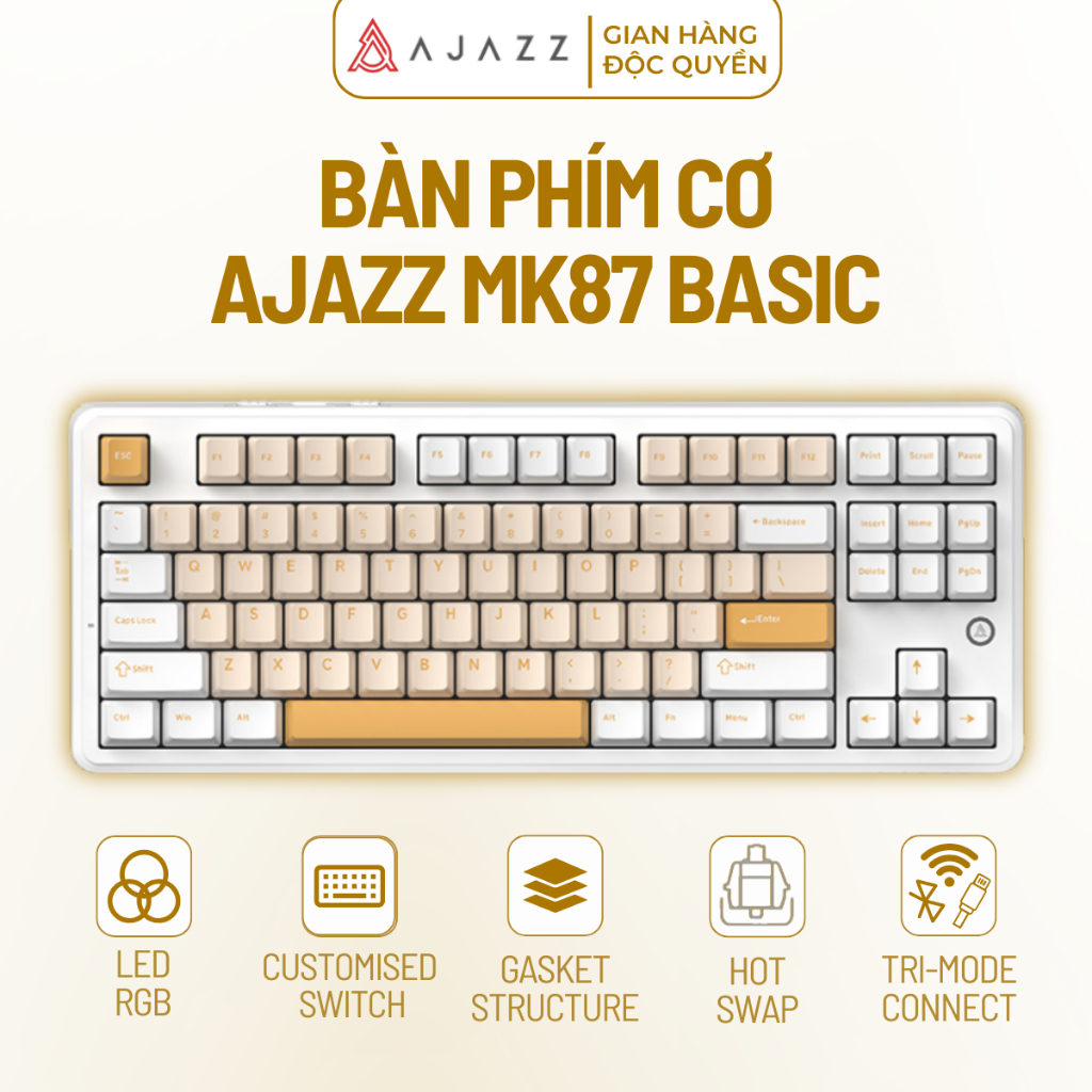 Bàn Phím Cơ Gaming Ajazz MK87 Basic, TKL, 3 Mode Kết Nối, Gasket Mount, Hotswap, Mạch Xuôi, Led RGB