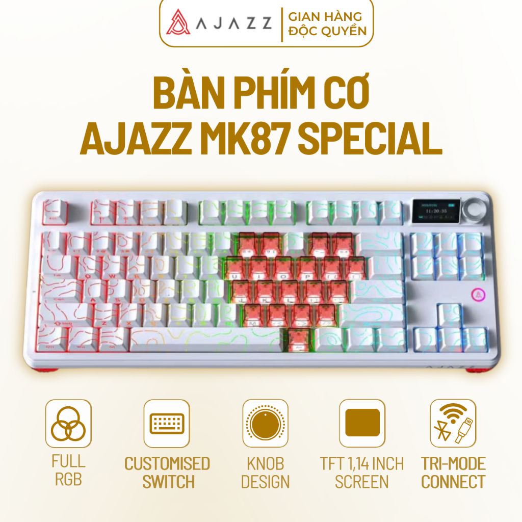 Bàn Phím Cơ Gaming Ajazz MK87 Special, Mạch Xuôi, Led RGB, Màn Hình TFT, Núm Xoay, 3 Mode Kết Nối
