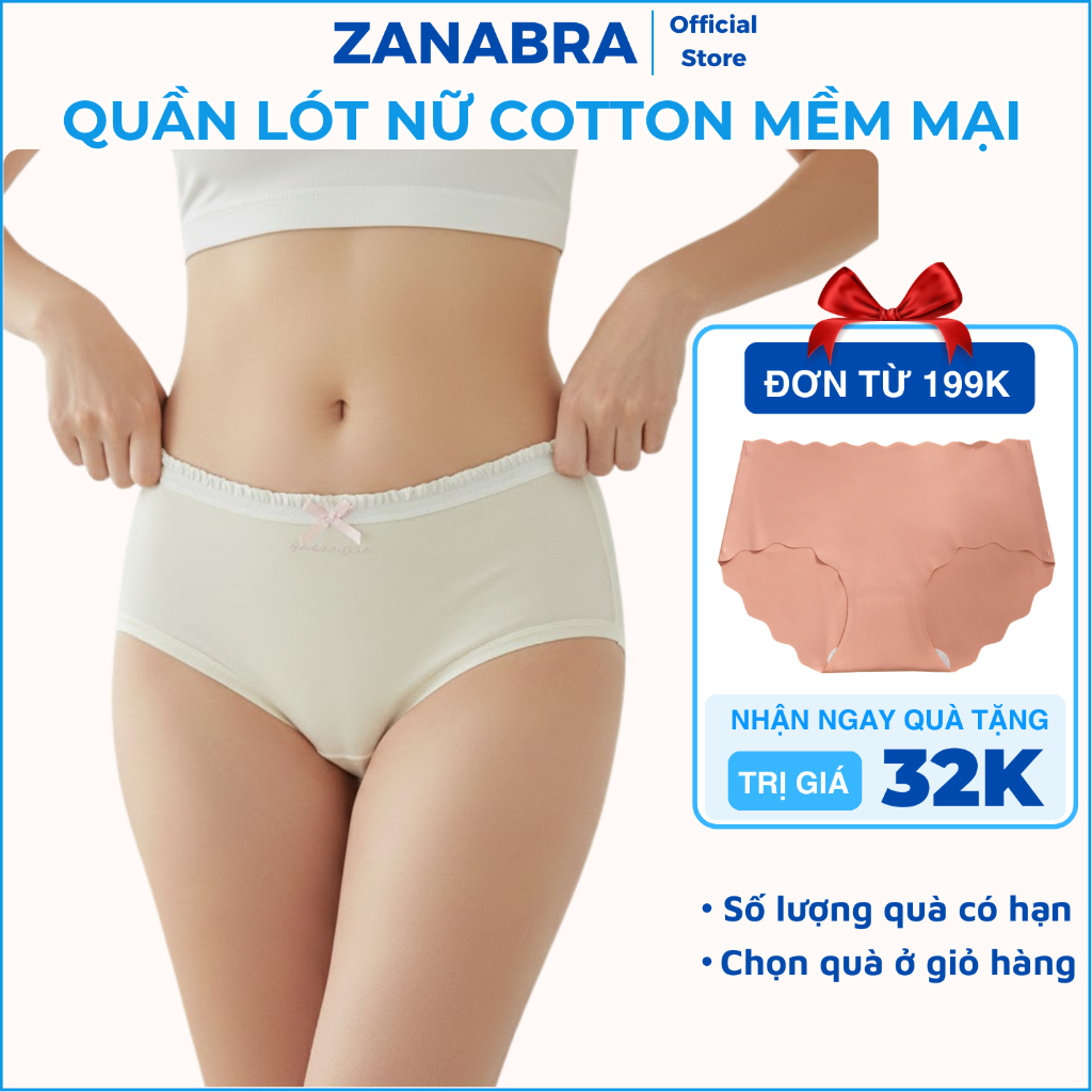 Quần lót nữ cotton mềm, Quần chip nữ  phối viền ren họa tiết đính nơ ZANABRA L4119