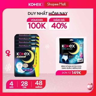   Combo 4 Gói Băng Vệ Sinh Kotex Siêu Ban Đêm Chống Tràn Mềm Mại Ôm Gọn Không Lo Ngứa Rát 28cm 12 Miếng Gói 