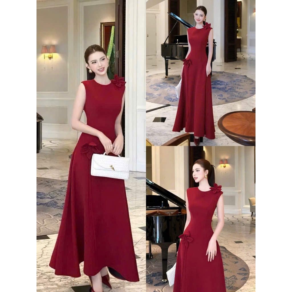 Đầm tuyết mưa thời trang nữ sang trọng cổ tròn không tay gắn bông dáng đuôi cá dài xòe hiện đại