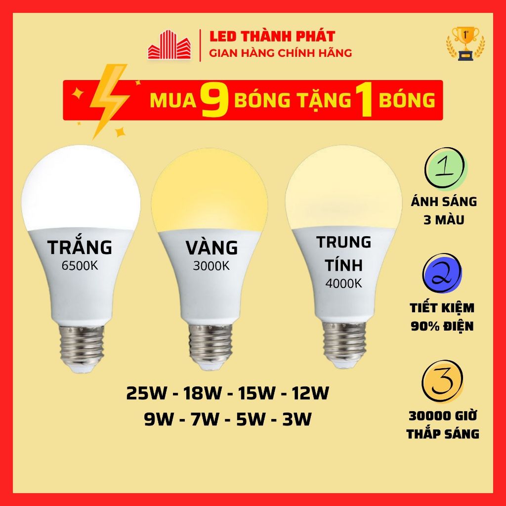 Bóng đèn led THP LUMI Trắng Vàng Trung tính 25W 18W 15W 9W 7W 5W siêu sáng tiết kiệm điện - bulb tròn 6500K 4000K 3000K