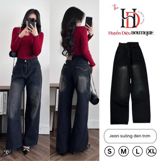  Quần Jean Nữ Ống Suông Đen Trơn Cạp Cao Ôm Eo Hack Dáng Thêu Túi Sau - J661 - HD Boutique 