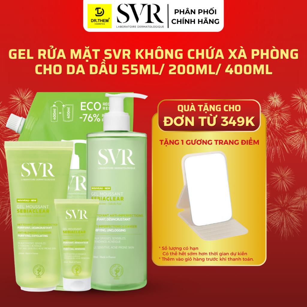 Sữa Rửa Mặt SVR Cho Da Dầu Mụn - SVR Sebiaclear Gel Moussant 55ml-200ml-400ml Loại Bỏ Tế Bào Da Chết SRM- Dr Thêm