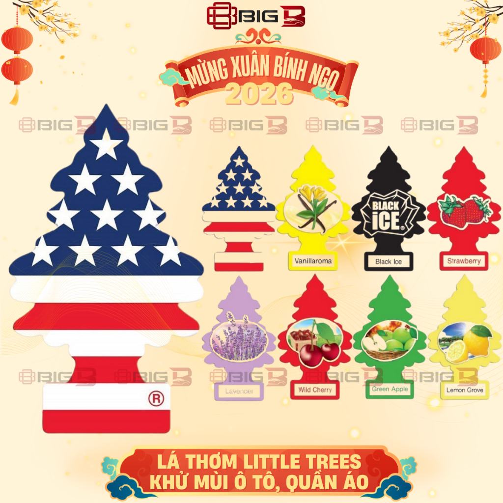 Cây Thông Thơm Little Trees -CHÍNH HÃNG- Lá Thơm Khử Mùi Treo Xe Ô Tô, Tủ Quần Áo Lưu Hương Thơm BIG