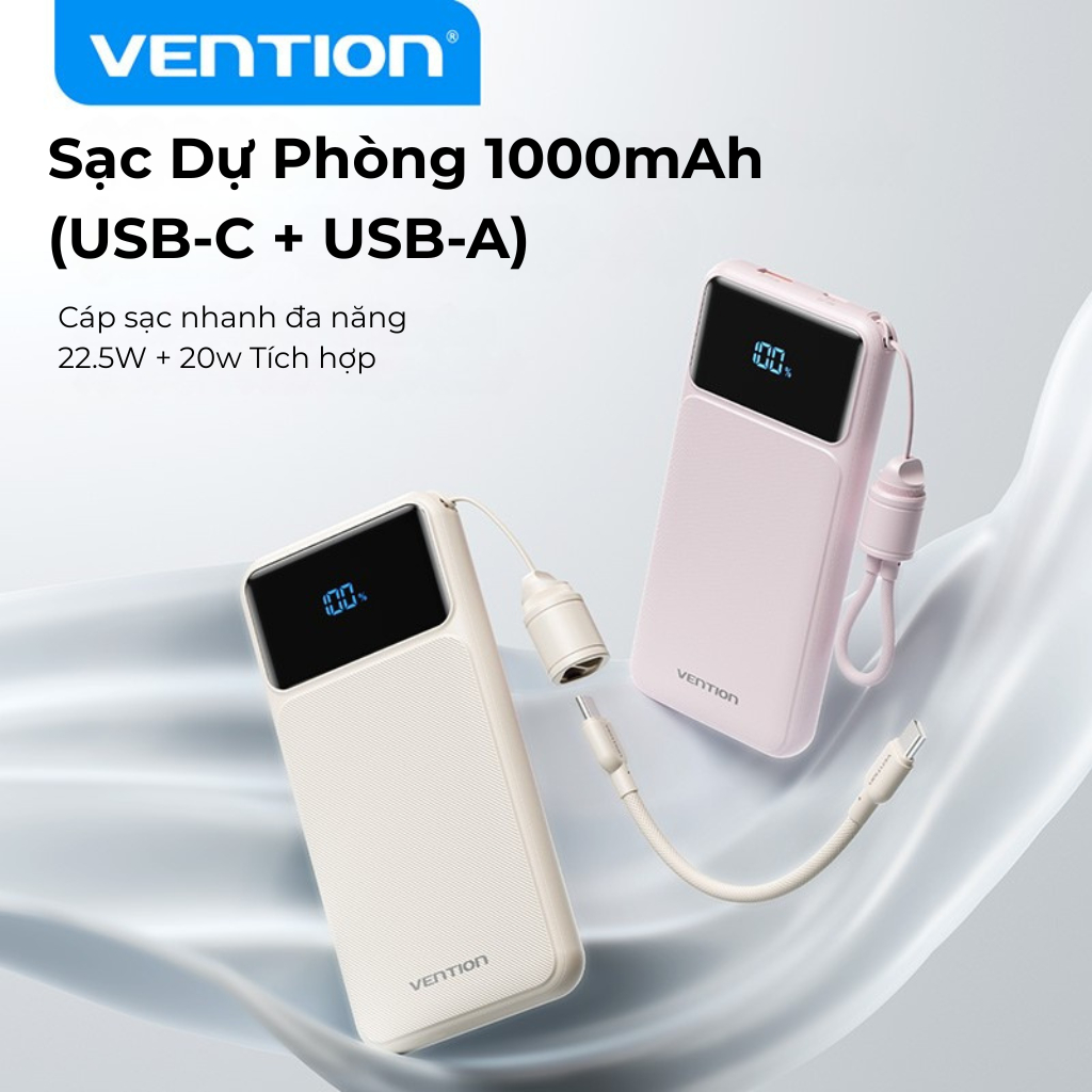Pin Sạc Dự Phòng 20000mAh Vention 22.5W, Đạt Chuẩn 3C, 2 Cổng USB-A/C Kèm Dây Sạc Type C Màn LED Cho Điện Thoại Laptop | BigBuy360 - bigbuy360.vn