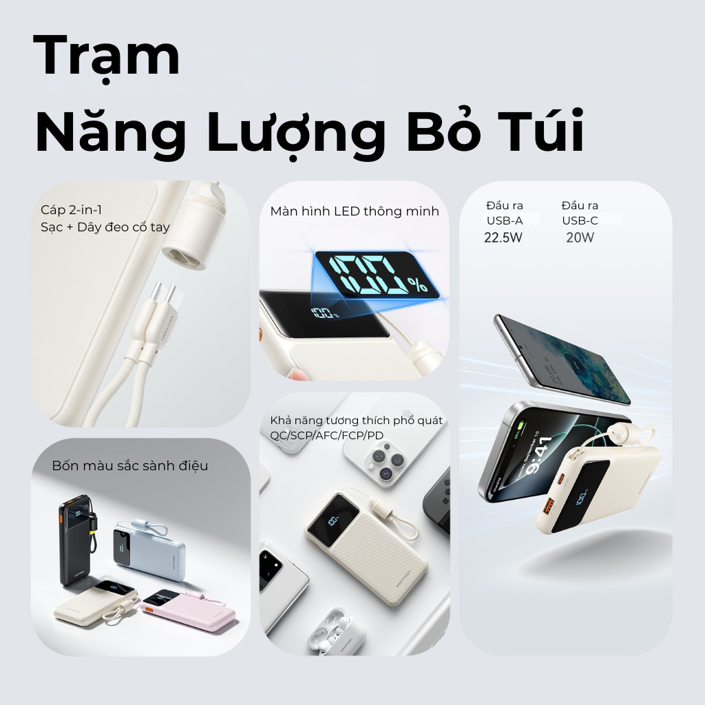 Pin Sạc Dự Phòng 20000mAh Vention 22.5W, Đạt Chuẩn 3C, 2 Cổng USB-A/C Kèm Dây Sạc Type C Màn LED Cho Điện Thoại Laptop | BigBuy360 - bigbuy360.vn