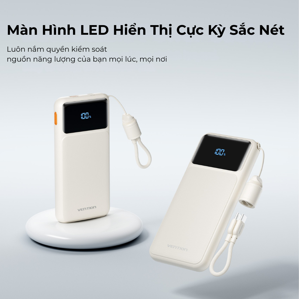 Pin Sạc Dự Phòng 20000mAh Vention 22.5W, Đạt Chuẩn 3C, 2 Cổng USB-A/C Kèm Dây Sạc Type C Màn LED Cho Điện Thoại Laptop | BigBuy360 - bigbuy360.vn