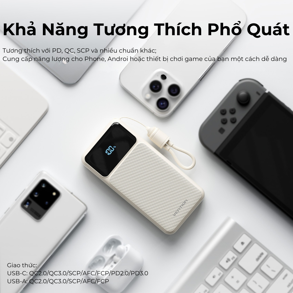 Pin Sạc Dự Phòng 20000mAh Vention 22.5W, Đạt Chuẩn 3C, 2 Cổng USB-A/C Kèm Dây Sạc Type C Màn LED Cho Điện Thoại Laptop | BigBuy360 - bigbuy360.vn