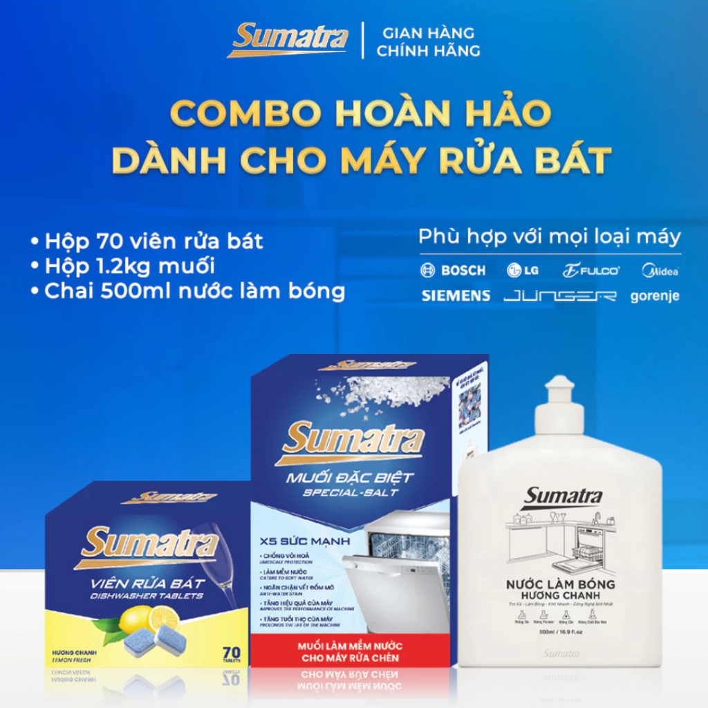 Combo cho máy rửa bát Sumatra siêu tiết kiệm gồm viên rửa bát + 1,2kg muối + 500ml nước làm bóng