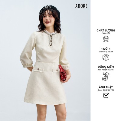 512DR1161 -  Đầm mini cổ bèo rua tech phẩy trắng ADORE