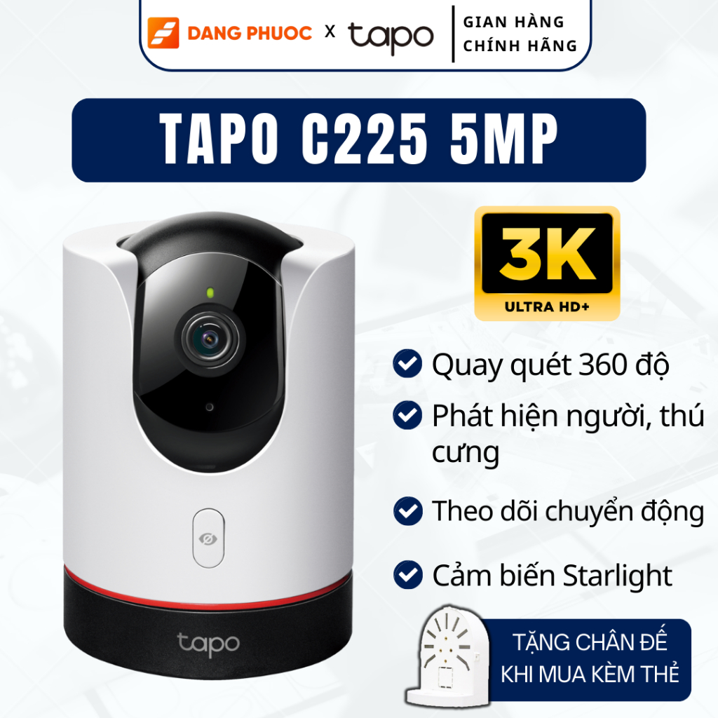 Camera WiFi AI TP-Link Tapo C225 An Ninh Gia Đình Quay/Quét 360 độ, Đàm thoại 2 chiều