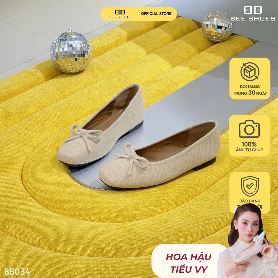 Giày búp bê nữ BEESHOES đính nơ mũi tròn đế bệt sẵn màu kem BB034