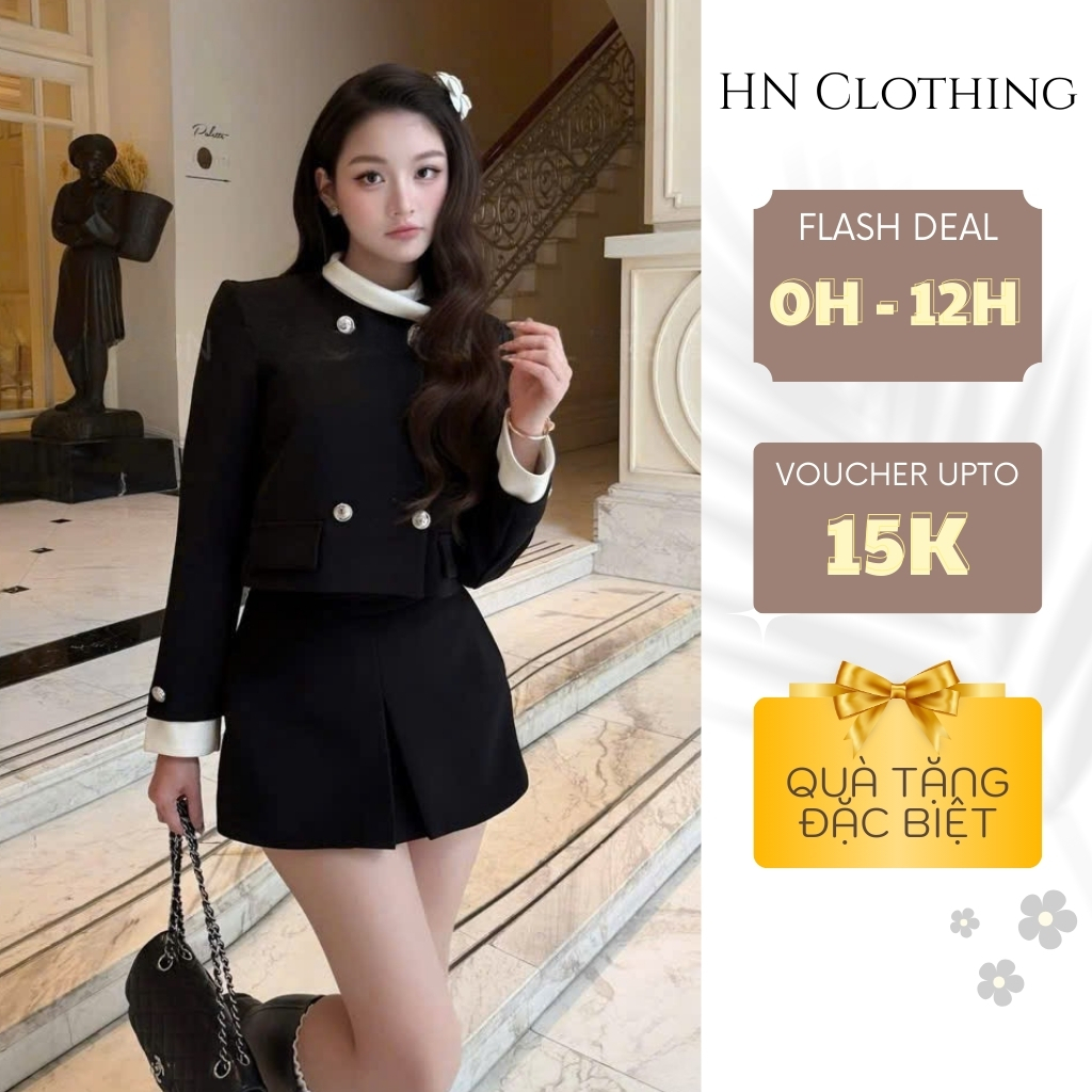Set đồ nữ dáng ngắn phối chân váy xếp ly viền trắng phong cách tiểu thư sang trọng HN Clothing S141