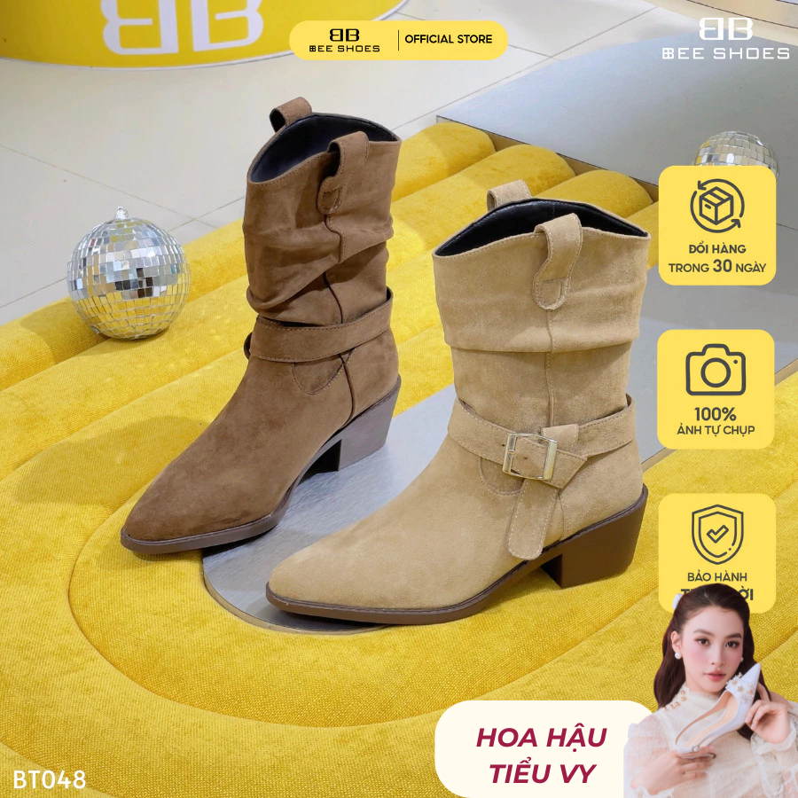 Boot nữ BEESHOES da lộn mũi nhọn gót vuông cao 5 phân sẵn màu kem - nâu BT048