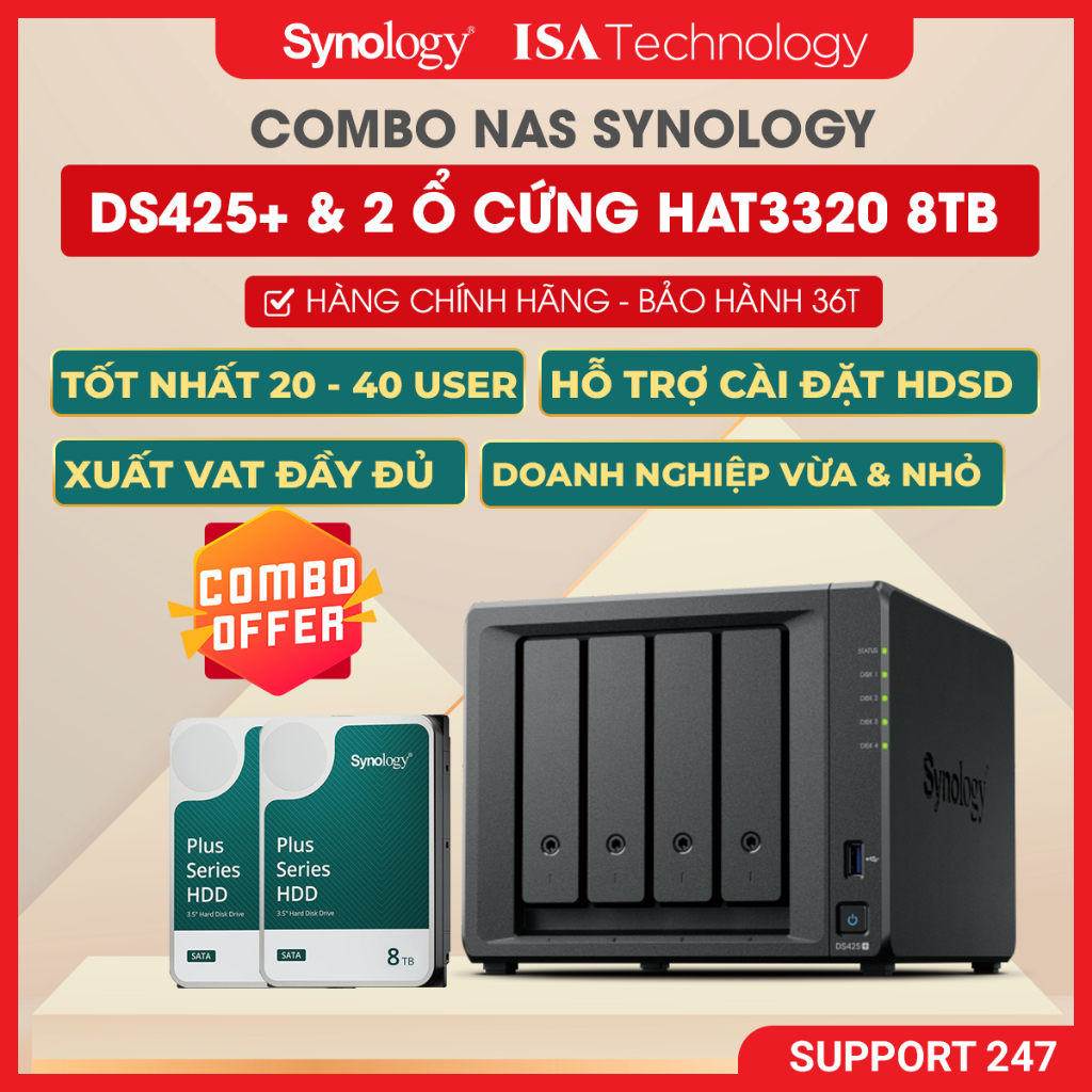 [COMBO] Nas Synology ds425+ kèm 4 ổ cứng Synology HAT 3320 8TB thiết bị lưu trữ mạng chính hãng