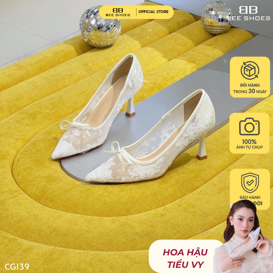 Giày cao gót nữ BEESHOES lưới ren, giày cưới mũi nhọn, gót nhọn cao 7 phân sẵn màu trắng CG139
