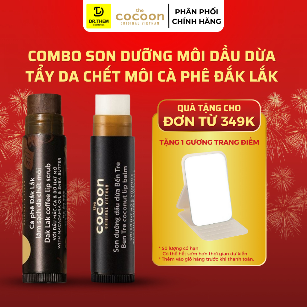 Combo Son Dưỡng Môi Dầu Dừa Bến Tre 5g Cocoon + Son Tẩy Da Chết Môi Cà phê Đắk Lắk 5g Cocoon- Dr Thêm 