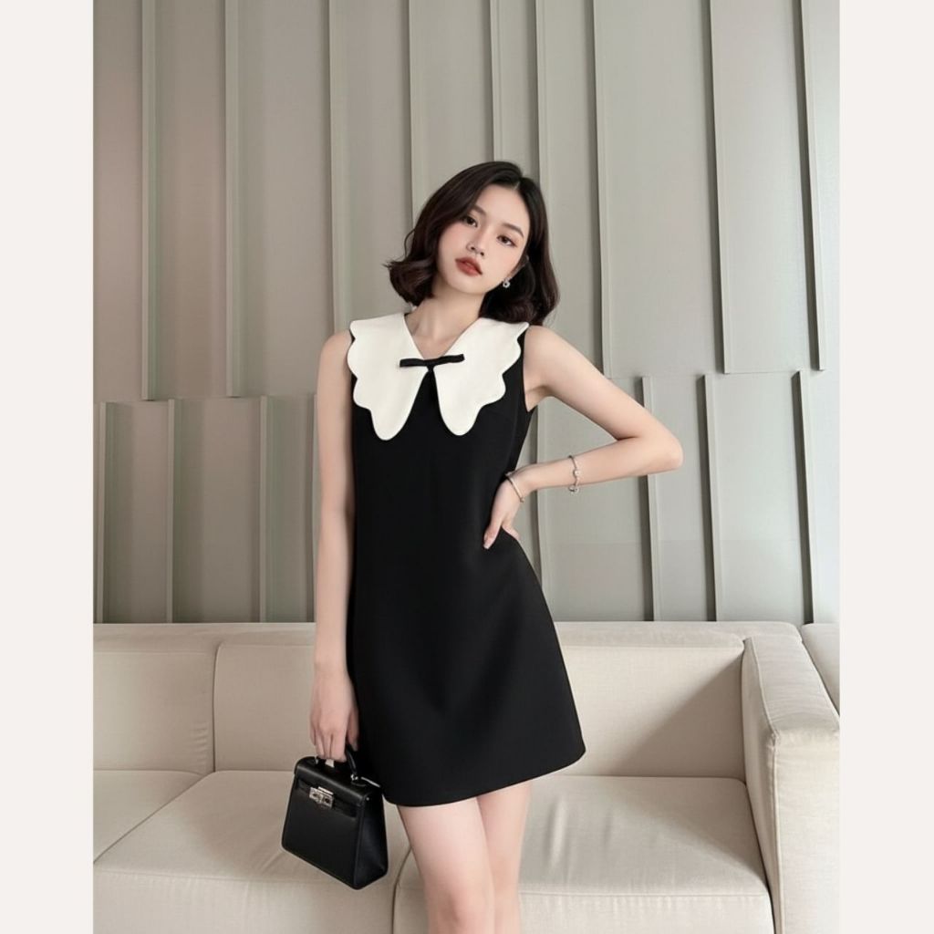 Váy kiểu nữ phối cổ Linly Store chất dạ tweed dáng suông V-VPC1
