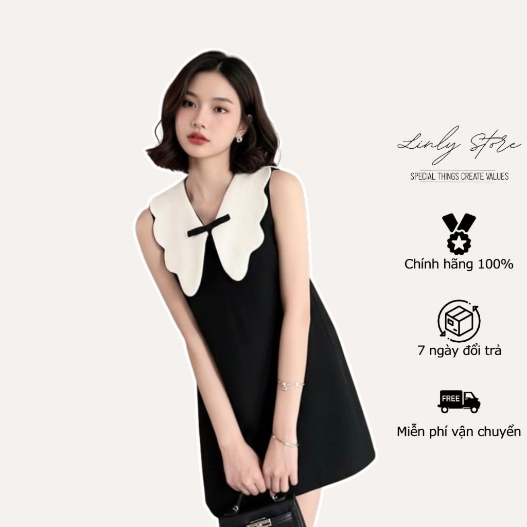 Váy kiểu nữ phối cổ Linly Store chất dạ tweed dáng suông V-VPC1