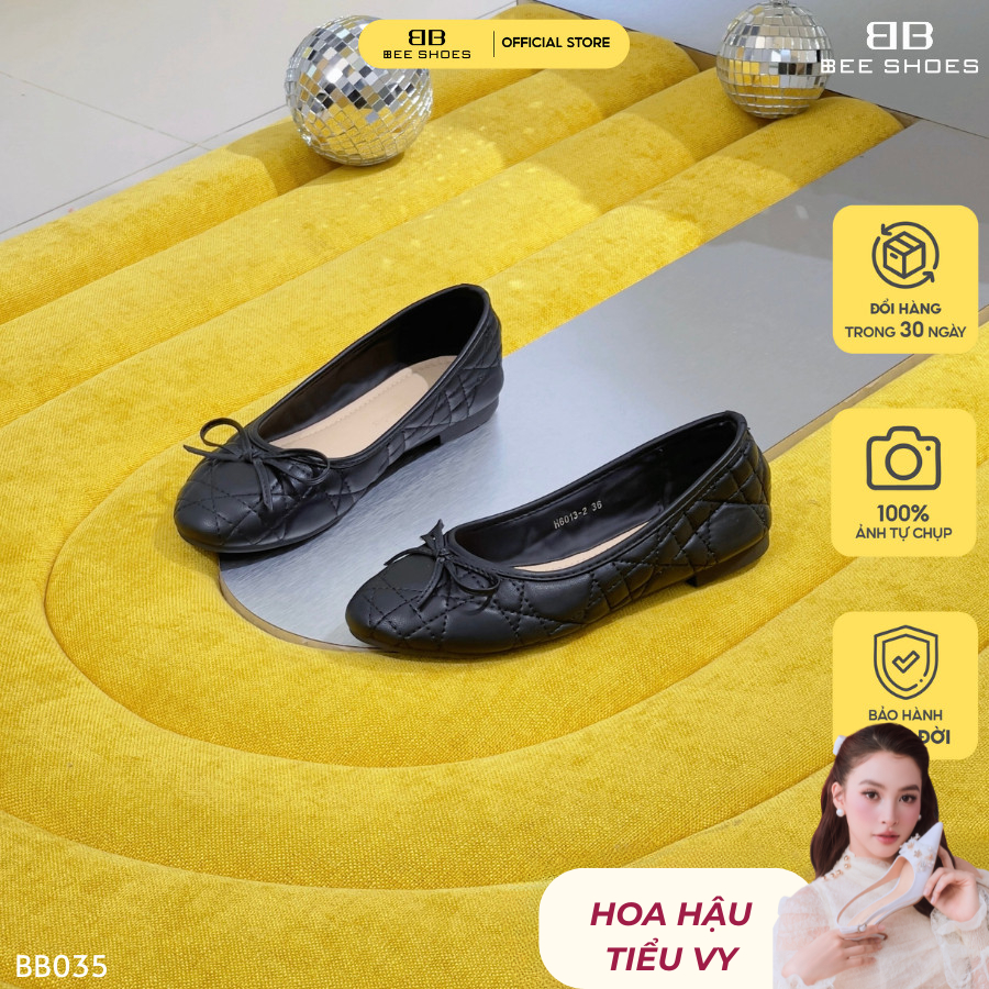 Giày búp bê nữ BEESHOES  mũi tròn đế bệt sẵn mùa kem - đen BB035