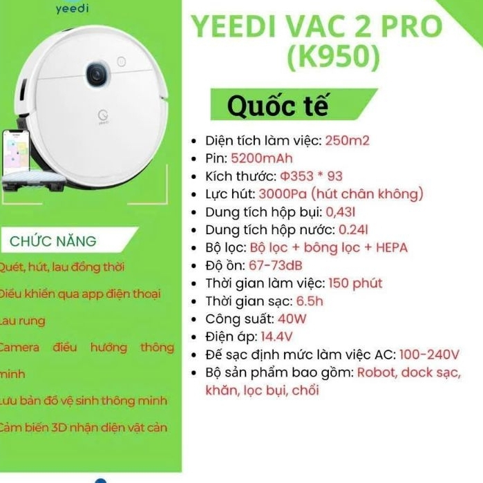 Robot hút bụi lau nhà Yeedi Vac 2/ Vac 2 Pro ( K950), bản quốc tế new 100%, bảo hành 12 tháng
