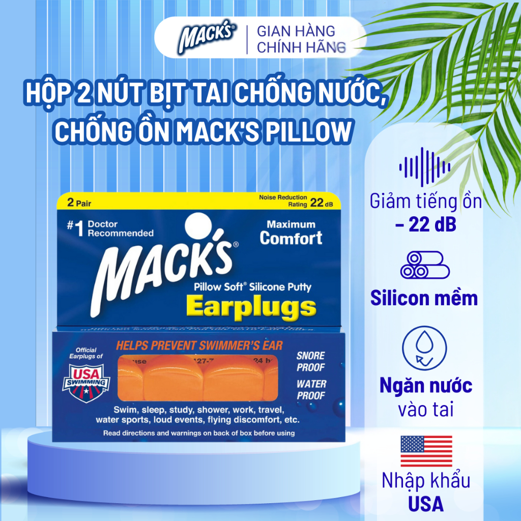 Hộp 2 Nút Bịt Tai Chống Nước, Chống Ồn Mack's Pillow Soft Chất Silicon Mềm Cho Bơi Lội, Ngủ Ngon Nhập Khẩu Mỹ